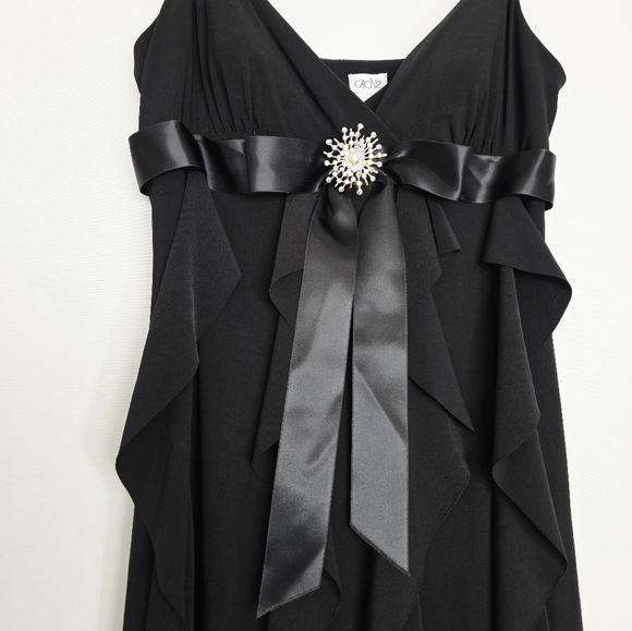 Cache Spaghetti Straps Waterfall Ruffles Black Formal Long Dress Women's Size 10 - Picture 3 of 11